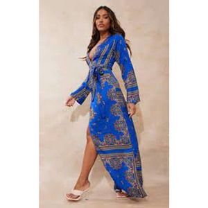 NEW Pretty Little Thing COBALT PRINT SATIN KIMONO MAXI DRESS Size 10